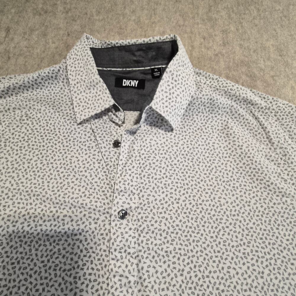 DKNY MENS WHITE W GREY LOGO PRINT BUTTON-UP SHORT SLEEVE SHIRT XL - Picture 9 of 10